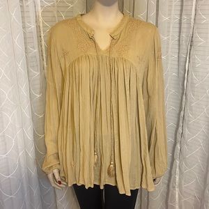 Rachel Zoe Tan Boho Embroidered Long Sleeve Tunic Top
